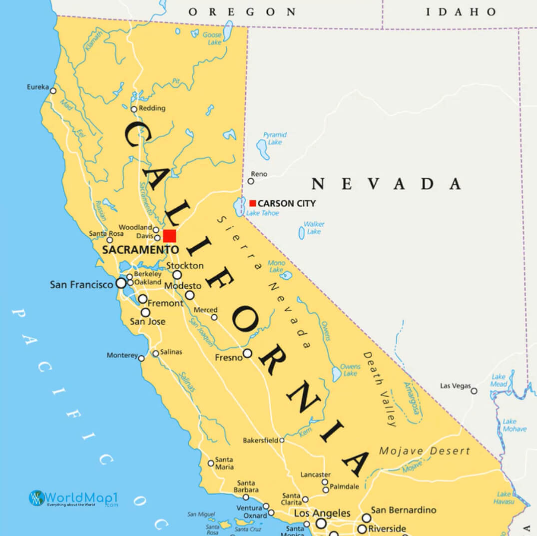 Carte des rivières et des lacs de Californie
